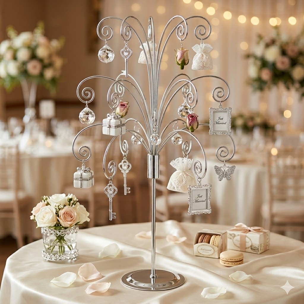 HOHIYA 20 Inch Tabletop Ornament Display Tree Metal Christmas Tree Stand for Desk & Mantel Small Jewelry Tower with Hooks Perfect Holiday Gift Chrome Silver